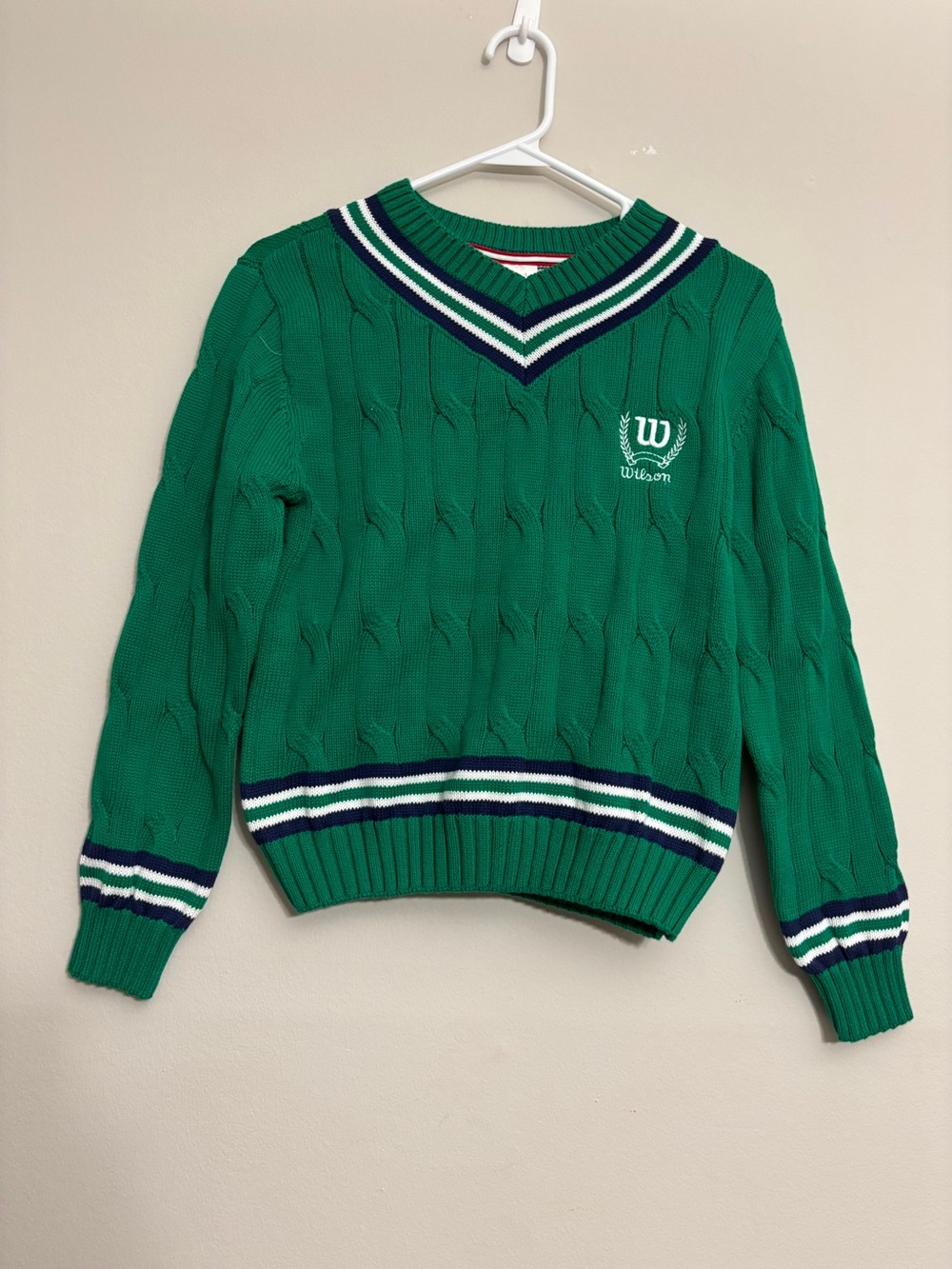 Wilson Emerald Green Cable V-Neck Sweater with Navy & White Trim